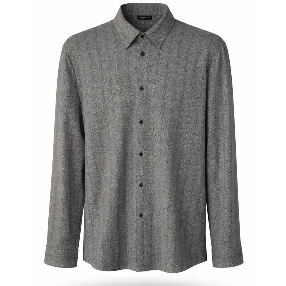 Jhane Barnes Shirt Mens L Black Gray Geometric All Over Print Long Sleeve Silk
